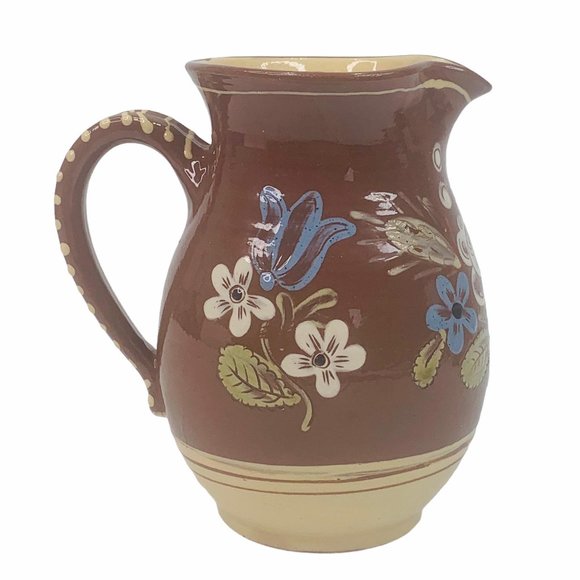 Redware Pitcher Floral Hand Painted Farmhouse - Picture 3 of 12